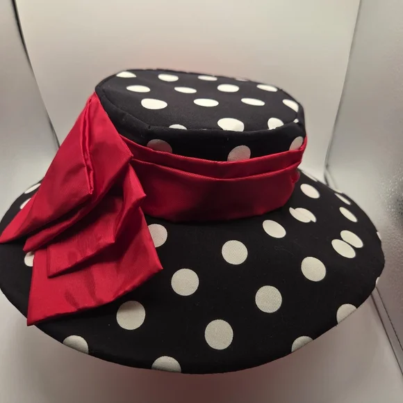 Maggie Mae Elegant Black White Polka Dot Brim Hat with Red  display picture 1